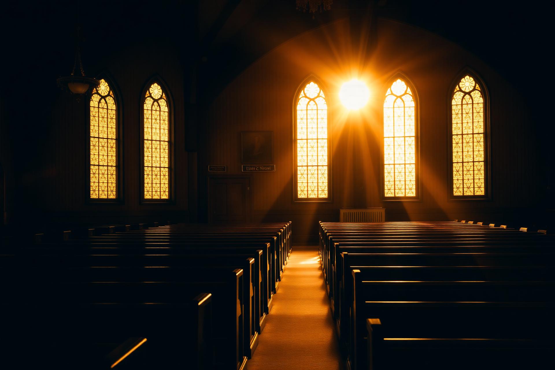 Sunlight streaming through the church sanctuary windows